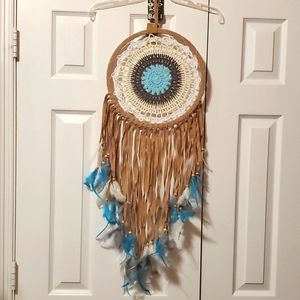 NWT Handcrafted Large Bali Crocheted Faux Leather Dreamcatcher with Feathers